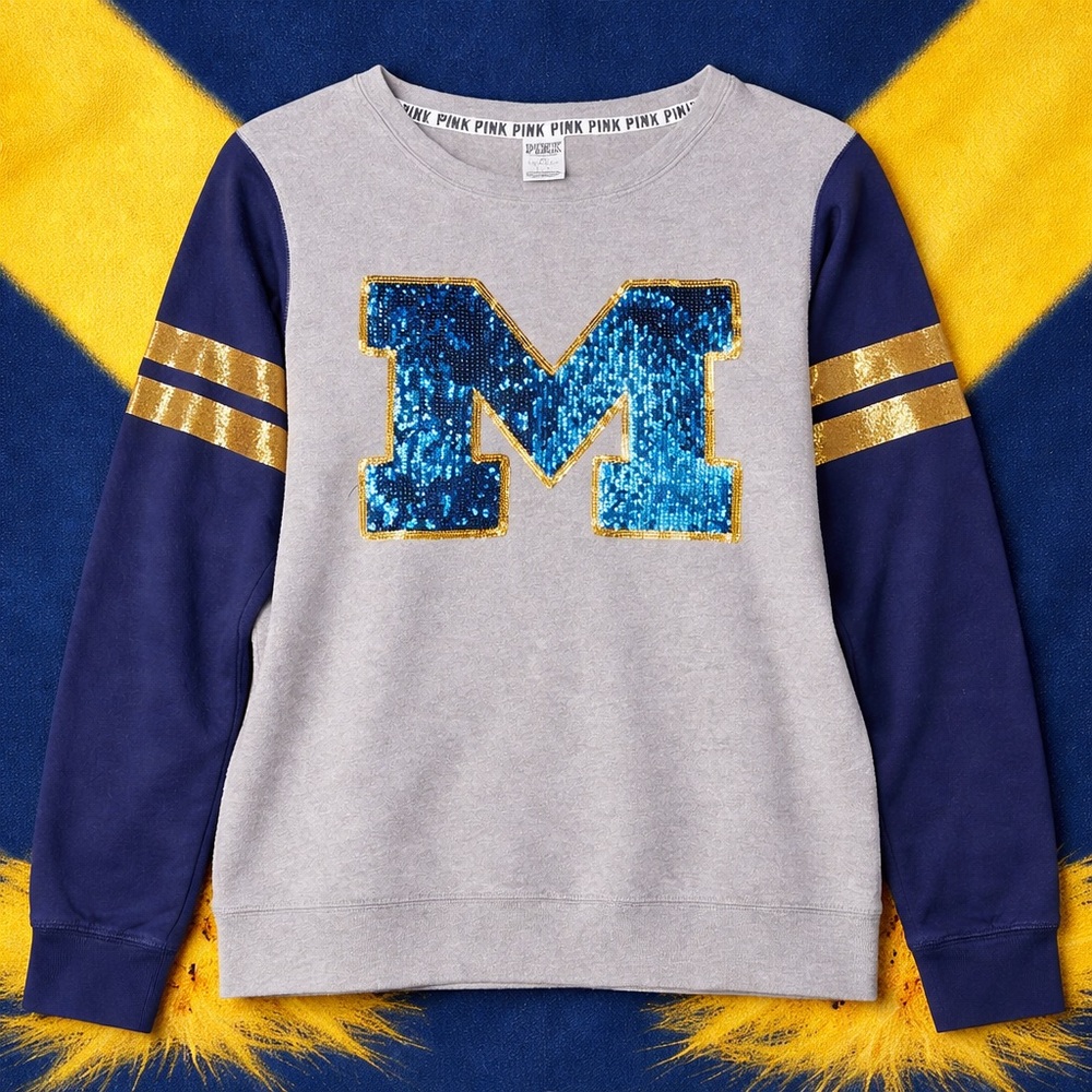 PINK Victoria Secret Michigan M Sequin Sweatshirt Gray Blue Gold Large